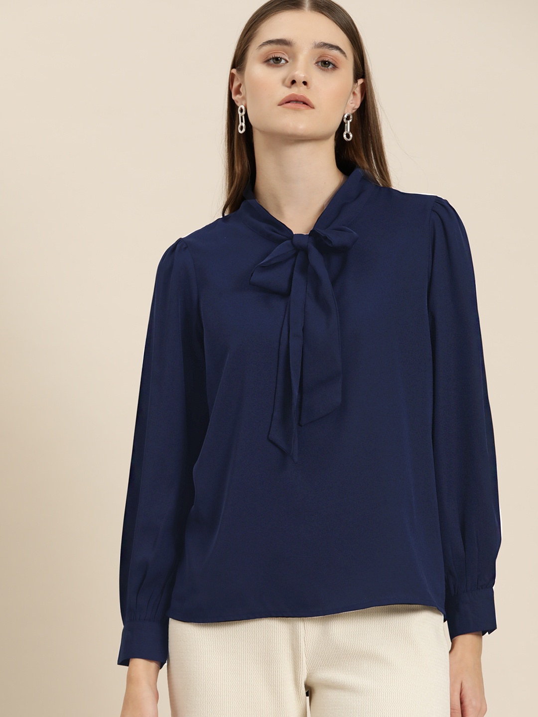 

her by invictus Tie-Up Neck Top, Navy blue