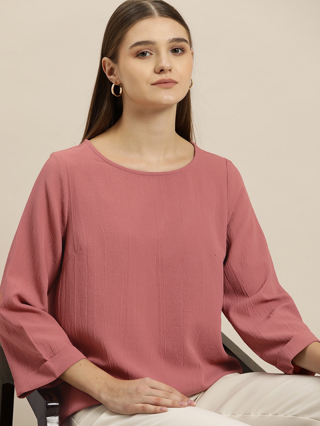 

her by invictus Flared Sleeves Textured Detail Regular Top, Rose