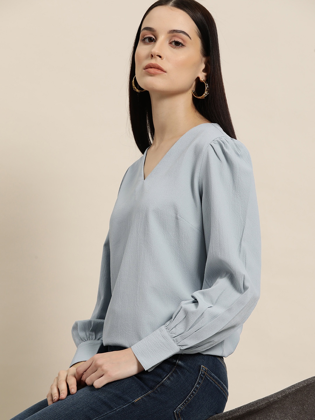 

her by invictus Cuffed Sleeves Top, Blue