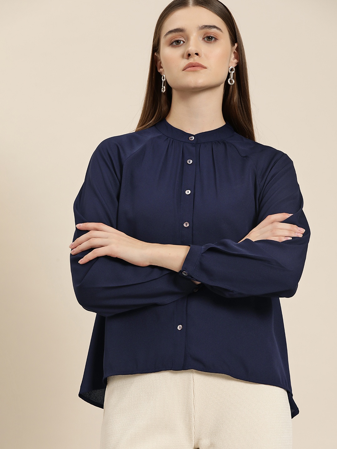 

her by invictus Band Collar Shirt Style Top, Navy blue