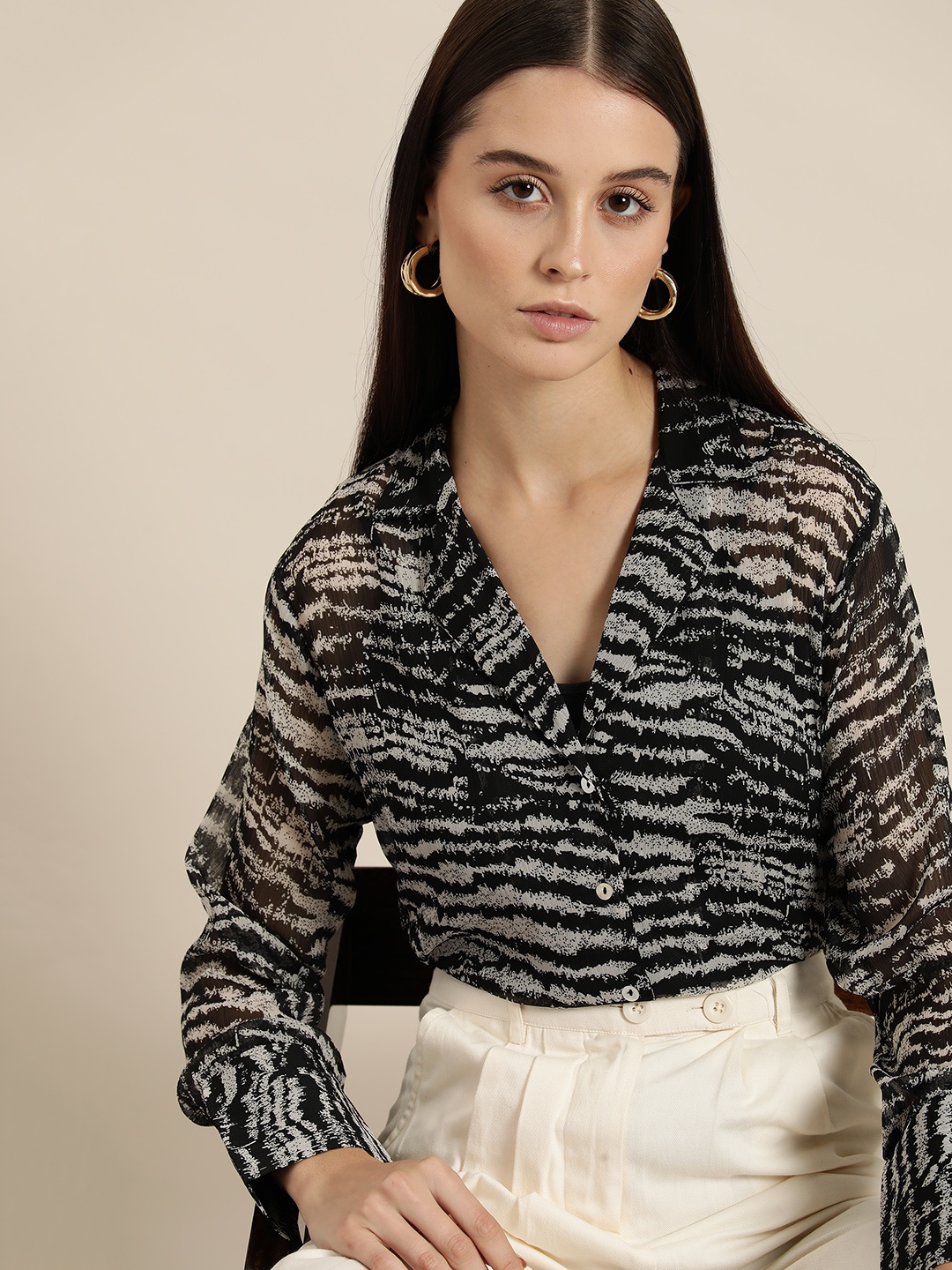 

her by invictus Semi Sheer Printed Shirt, Black