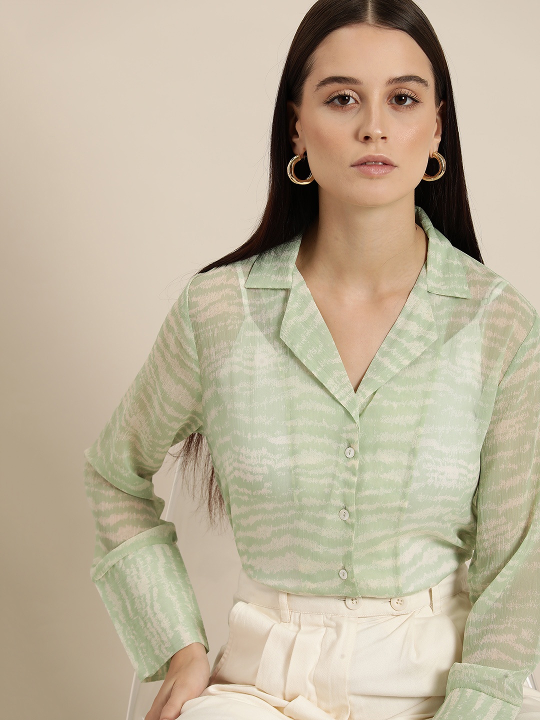 

her by invictus Semi Sheer Printed Shirt, Green