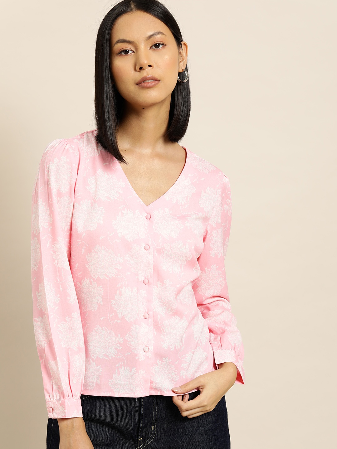 

her by invictus Floral Printed Puff Sleeves Top, Pink