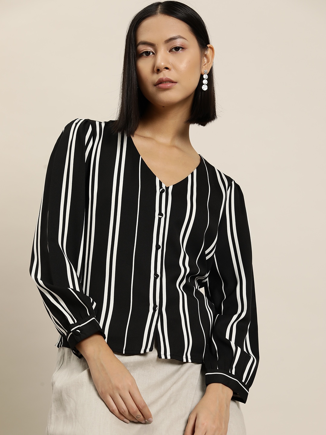 

her by invictus Striped Monochrome Shirt Style Top, Black