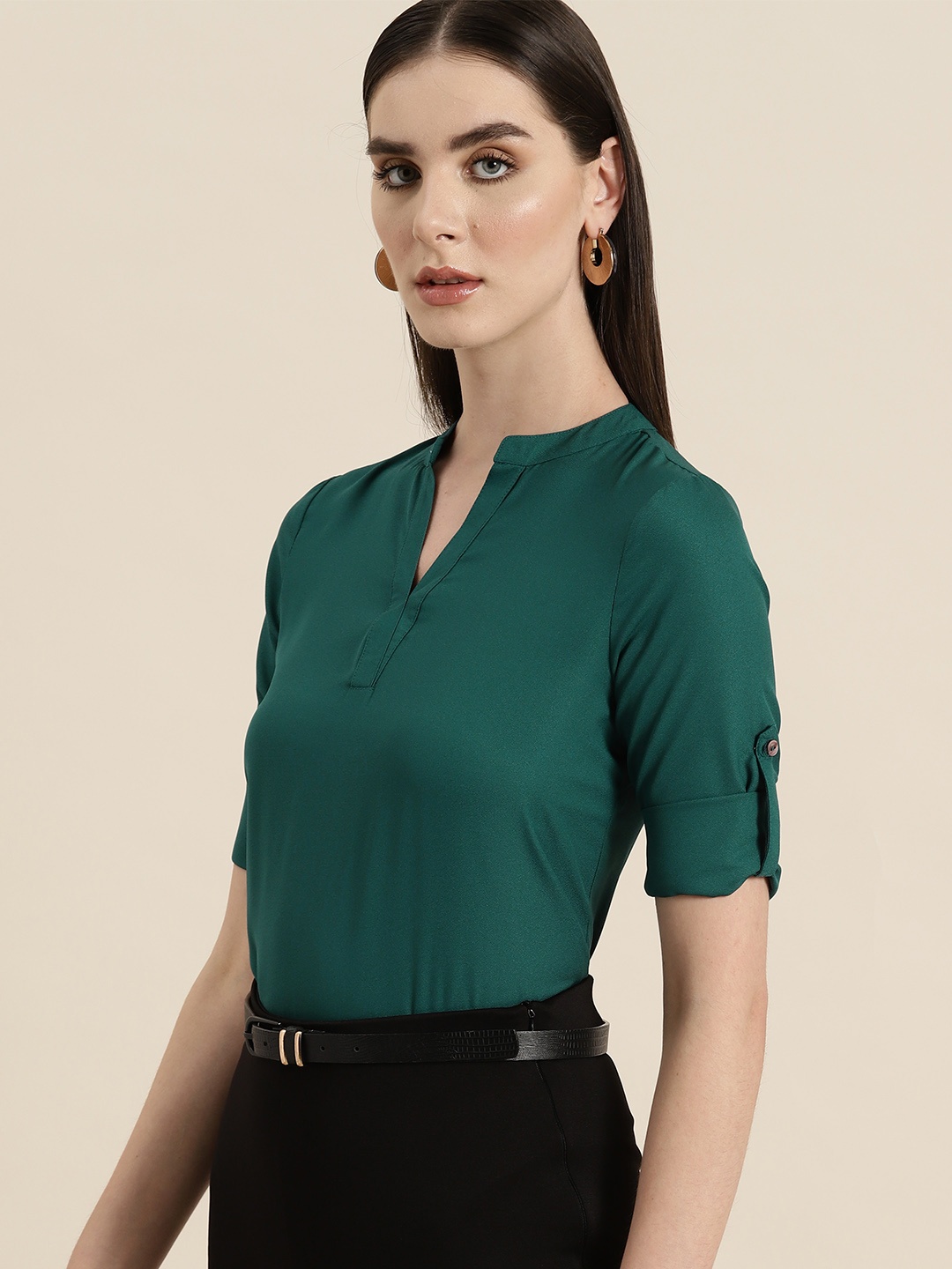 

her by invictus Mandarin Collar Roll-Up Sleeves Top, Green