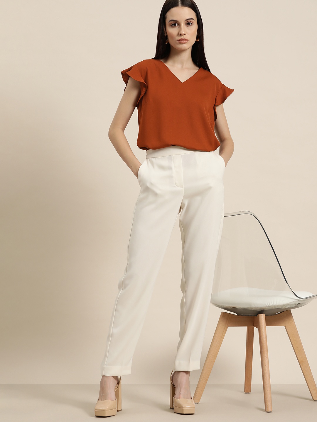 

her by invictus Solid Flutter Sleeve Top, Rust