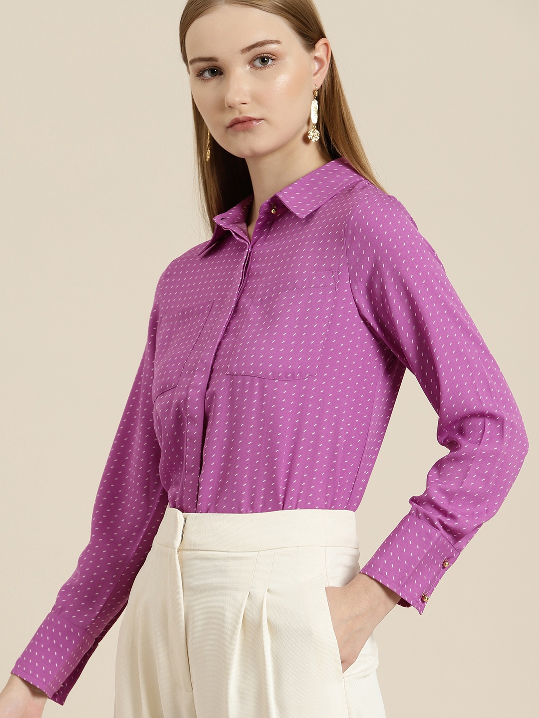 

her by invictus Geometric Printed Regular Fit Opaque Casual Shirt, Purple