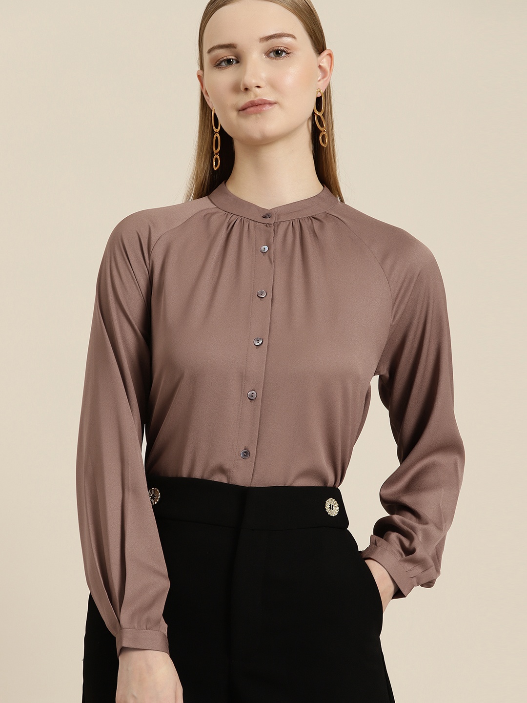 

her by invictus Gathered Detail Mandarin Collar Raglan Sleeves Shirt Style Top, Brown