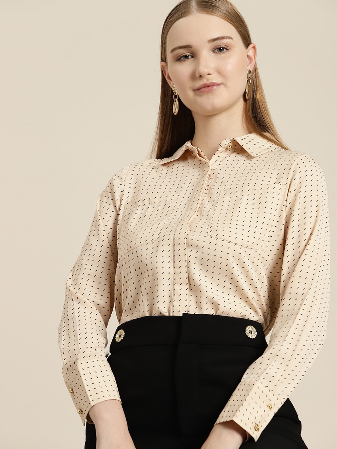 

her by invictus Geometric Printed Regular Fit Opaque Casual Shirt, Beige