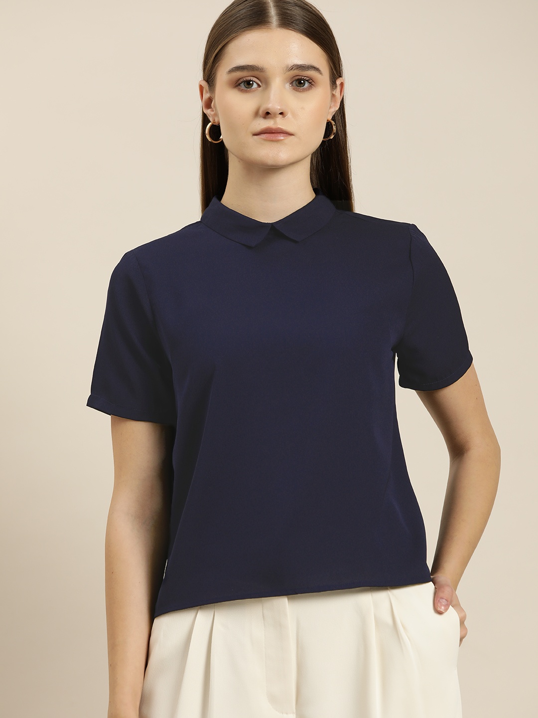 

her by invictus Stylized Back-Button Placket Shirt Style Top, Navy blue