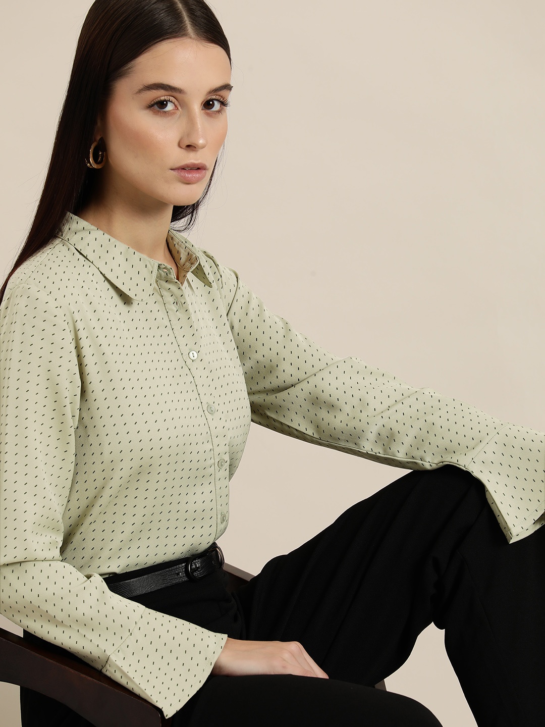 

her by invictus Printed Bell Sleeves Shirt, Green