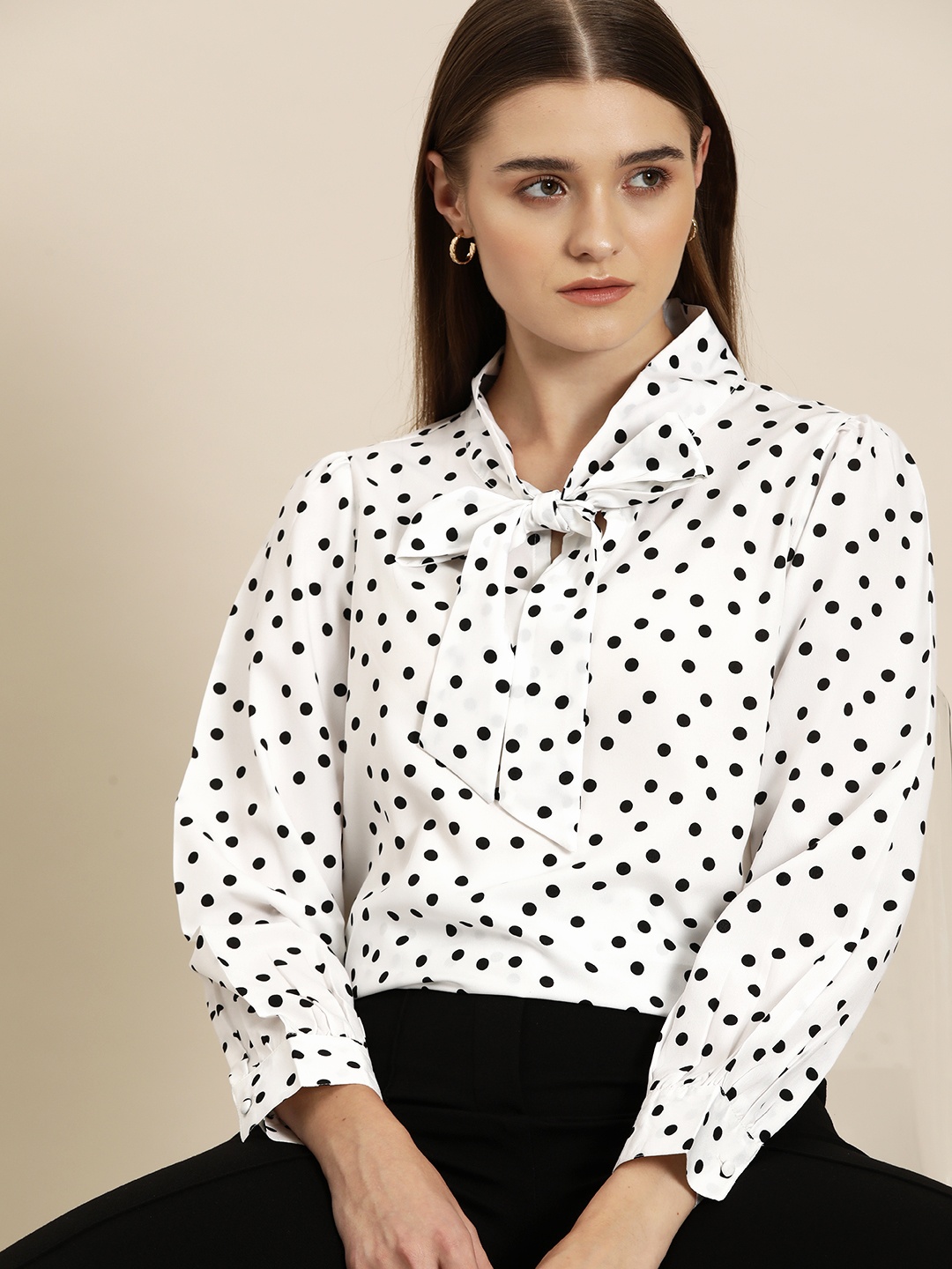 

her by invictus Polka Dot Print Tie-Up Neck Top, White