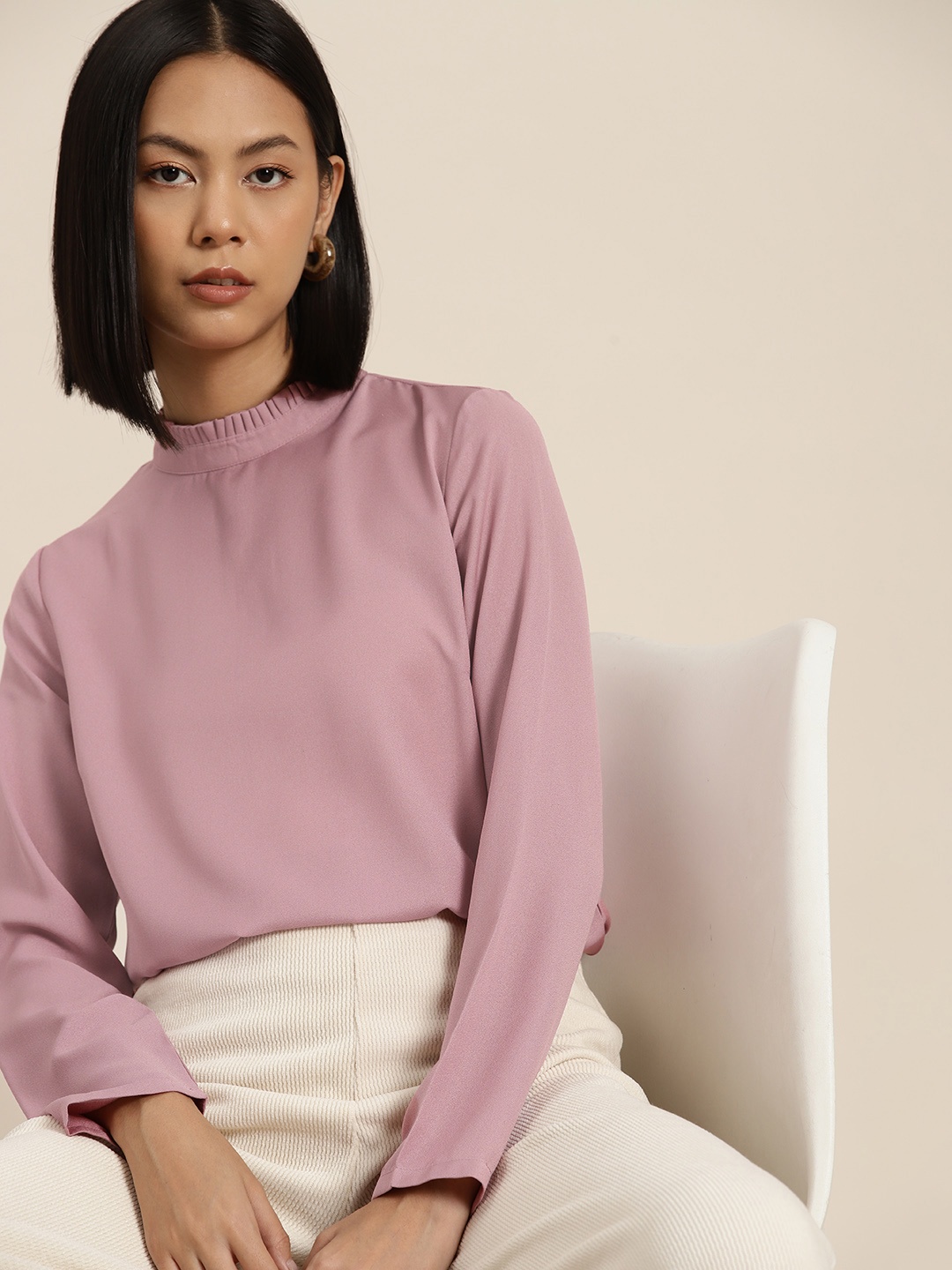 

her by invictus Ruffled High Neck Top, Mauve