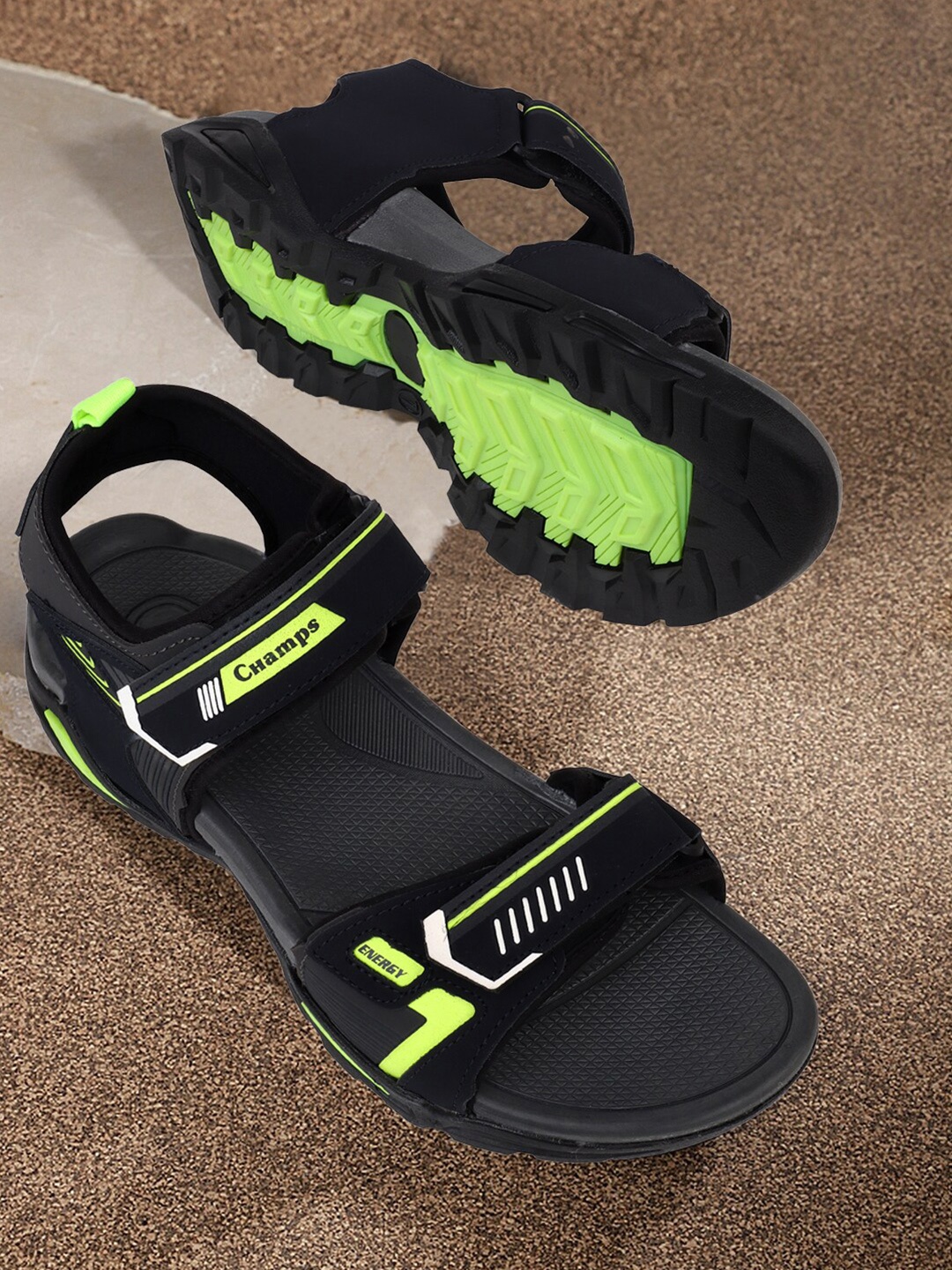 

Champs Men Textured Velcro Closure Sports Sandals, Black