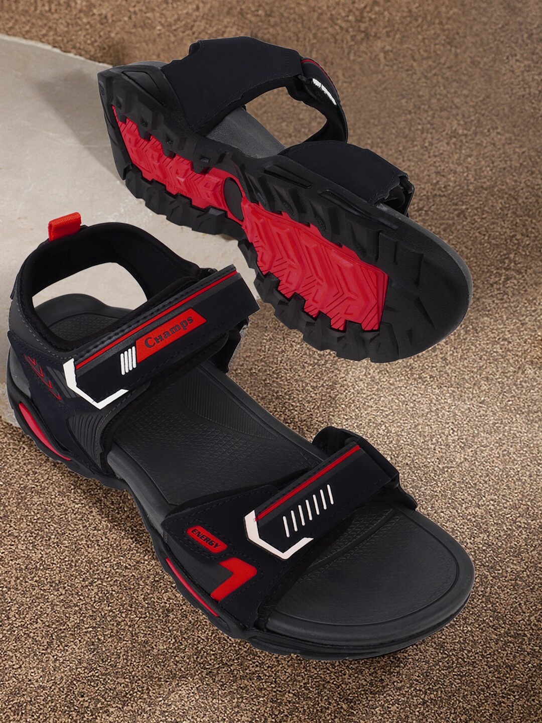 

Champs Men Textured Velcro Closure Sports Sandals, Black