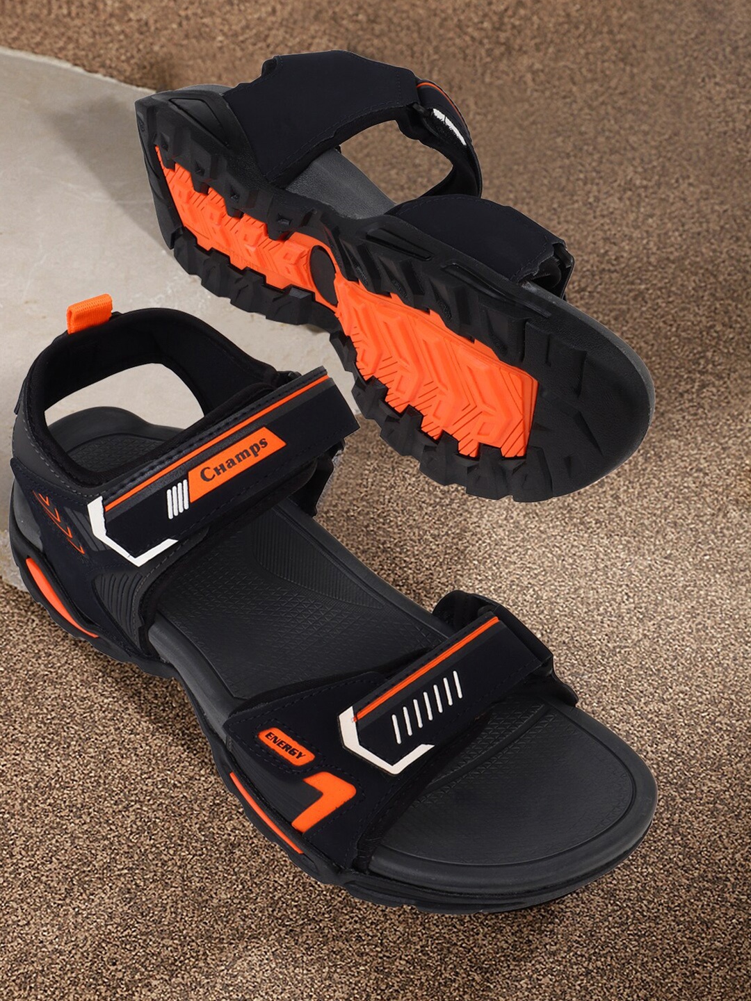 

Champs Men Textured Velcro Closure Sports Sandals, Black