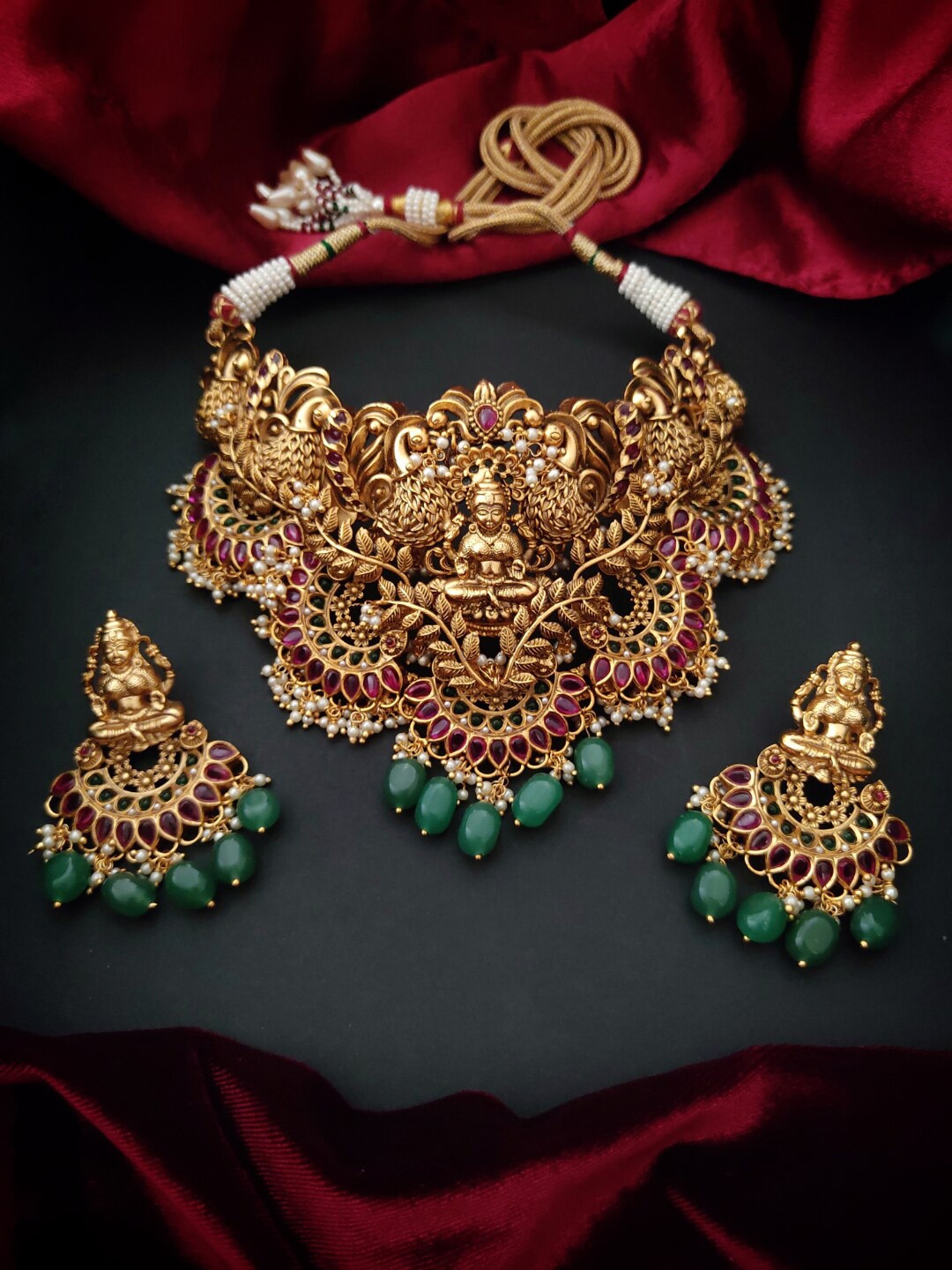 

Pihtara Jewels Gold-Plated Stone Studded & Beaded Temple Jewellery Set