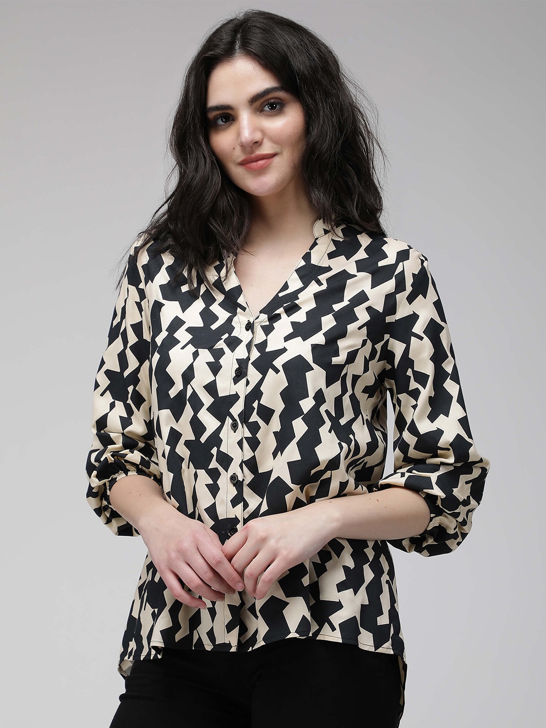 

IDK Abstract Print Shirt Style Top, Beige