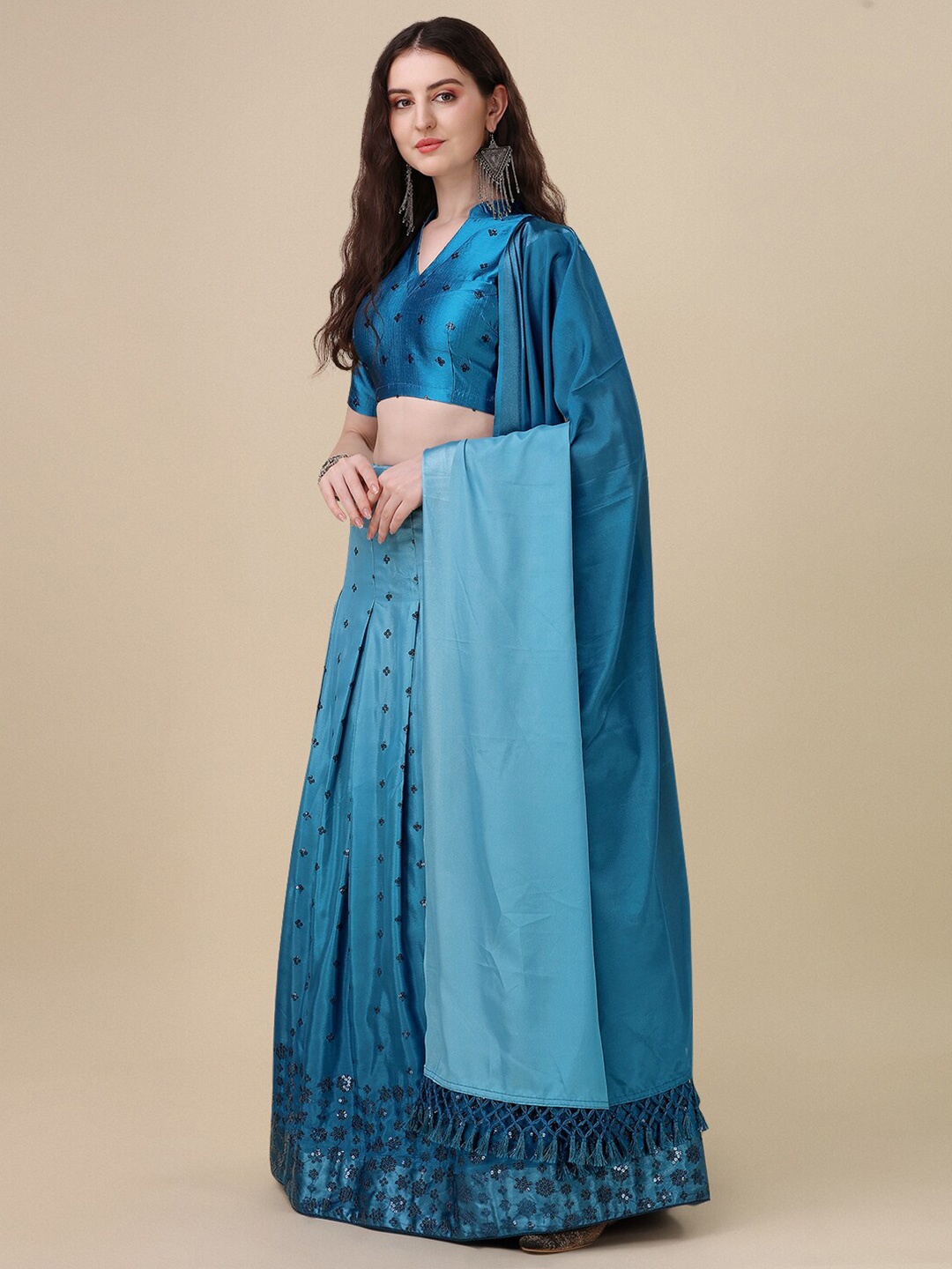 

KALINI Sequinned Embellished Semi-Stitched Lehenga & Unstitched Blouse With Dupatta, Teal