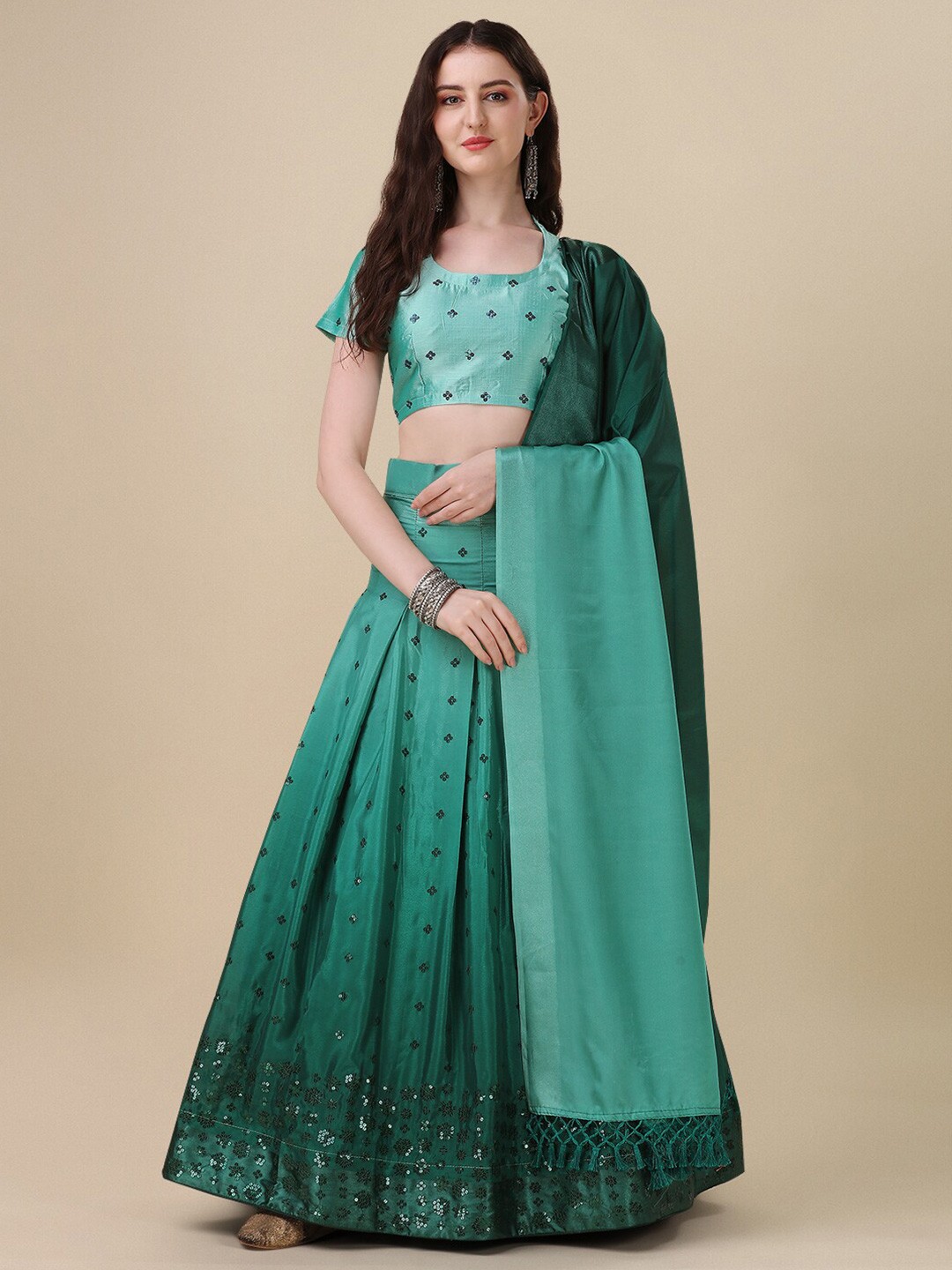 

KALINI Embroidered Sequinned Semi-Stitched Lehenga Choli With Dupatta, Sea green