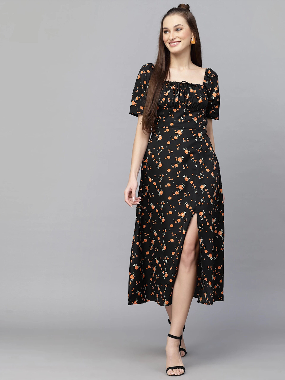 

VAANI CREATION Floral Printed Square Neck Puff Sleeves Crepe A-Line Midi Dress, Black