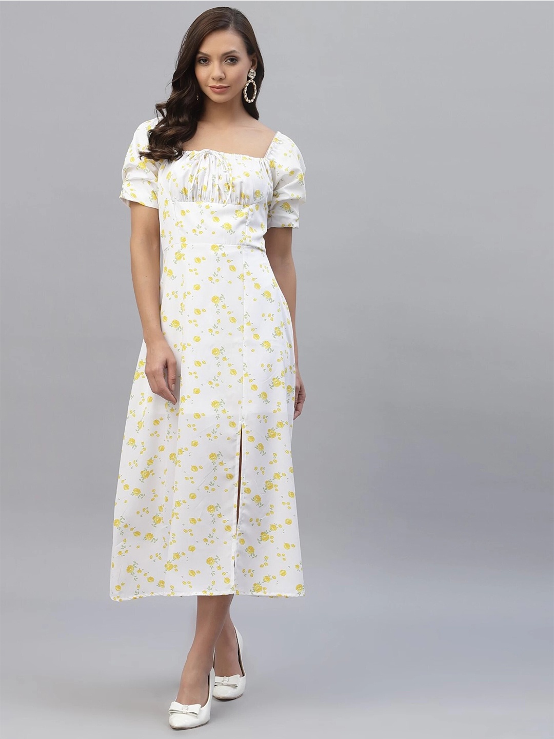 

VAANI CREATION Floral Printed Square Neck Puff Sleeves Crepe A-Line Midi Dress, White