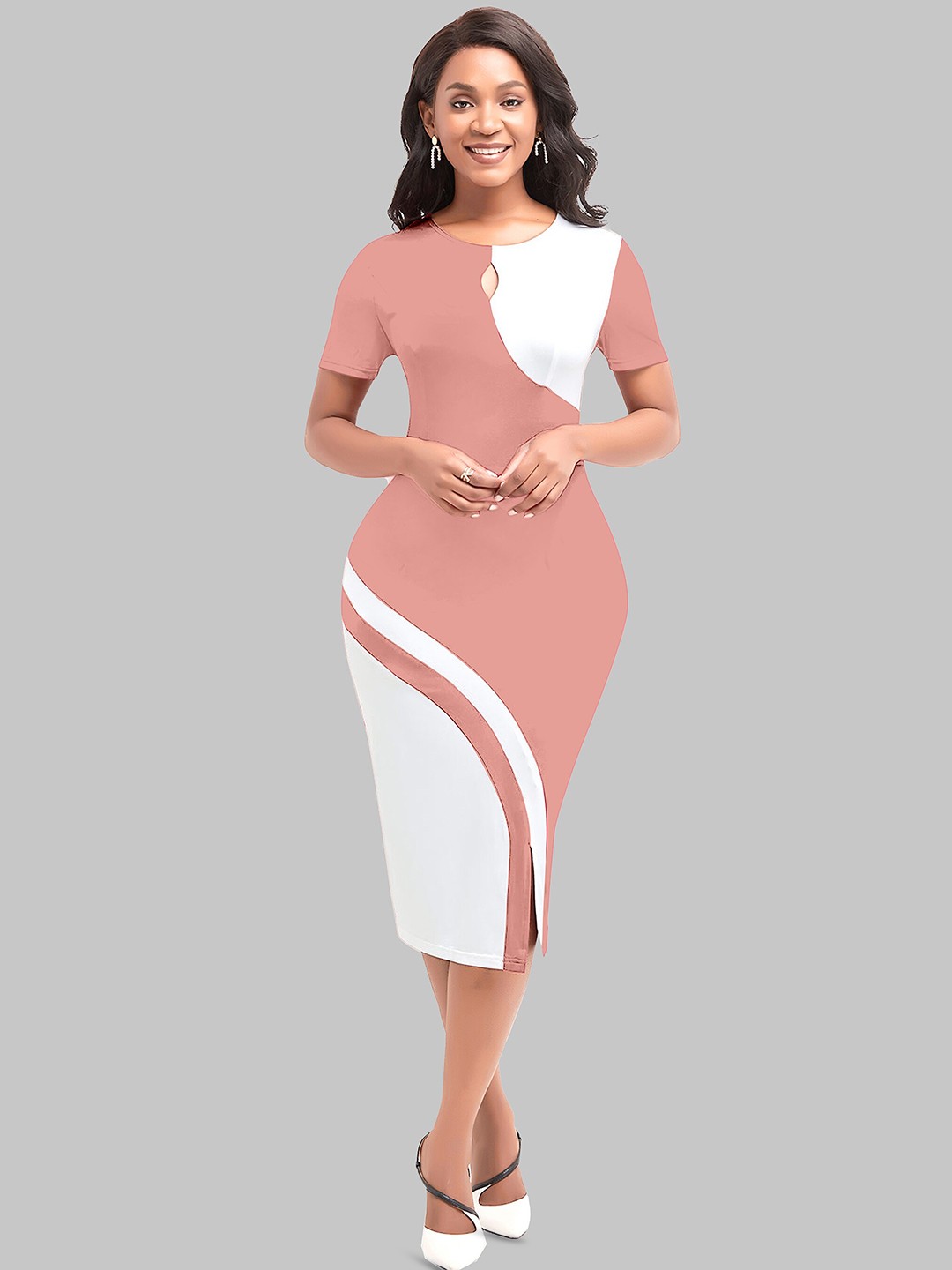 

LEE TEX Colourblocked Round Neck Cut Outs Detail Bodycon Dress, Peach