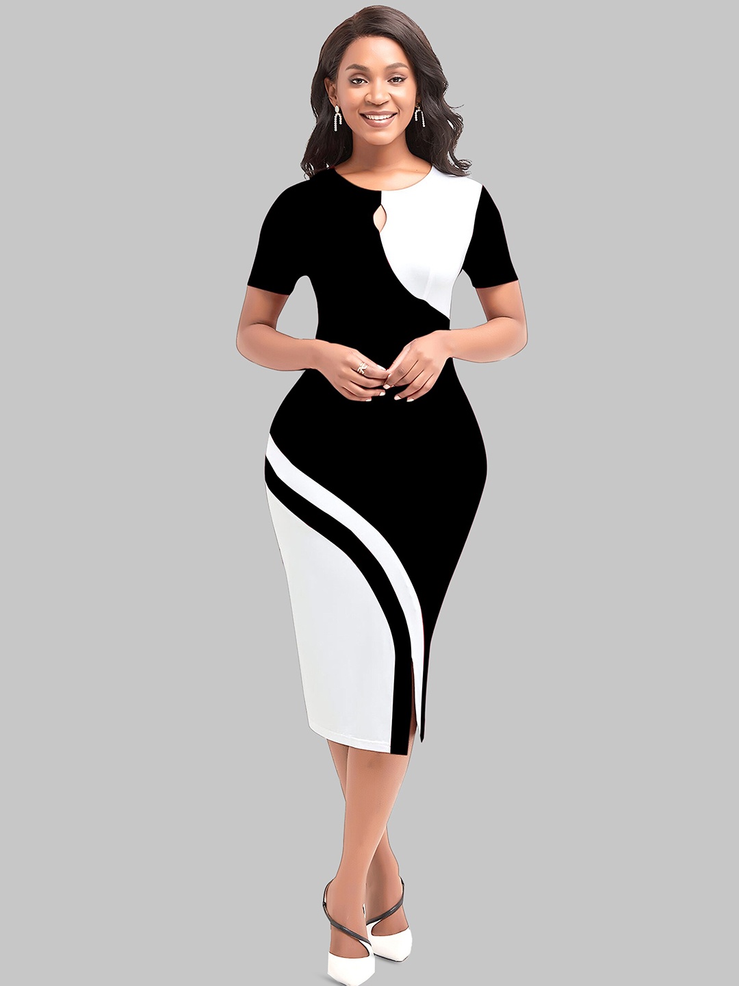 

LEE TEX Colourblocked Round Neck Cut Outs Detail Bodycon Dress, Black