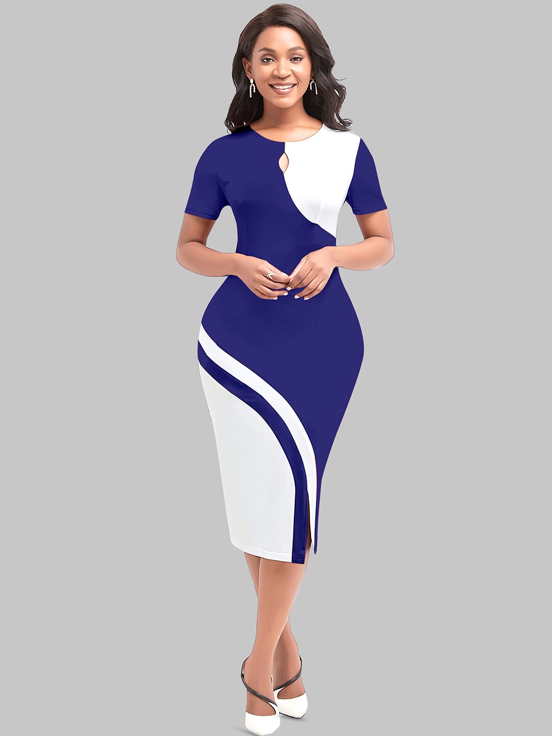 

LEE TEX Colourblocked Round Neck Cut Outs Detail Bodycon Dress, Blue