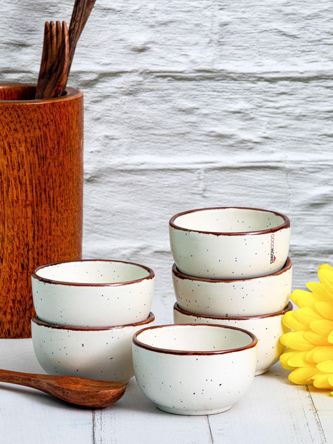 

GOODHOMES White 6 Pieces Printed Stoneware Dishwasher & Microwave Safe Glossy Bowls 80 ml