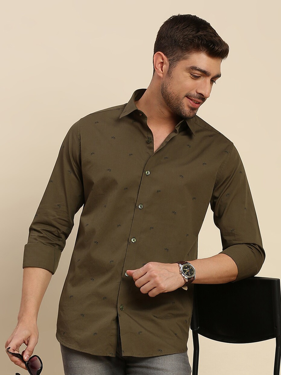 

INVICTUS Original Slim Fit Micro Ditsy Printed Pure Cotton Casual Shirt, Olive