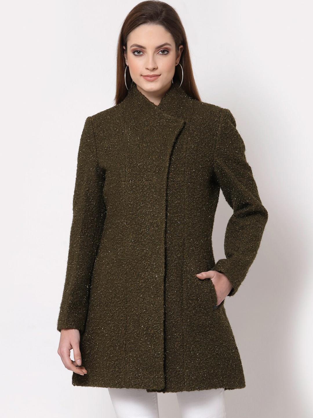 

Juelle Self Design Longline Wrap Coats, Olive