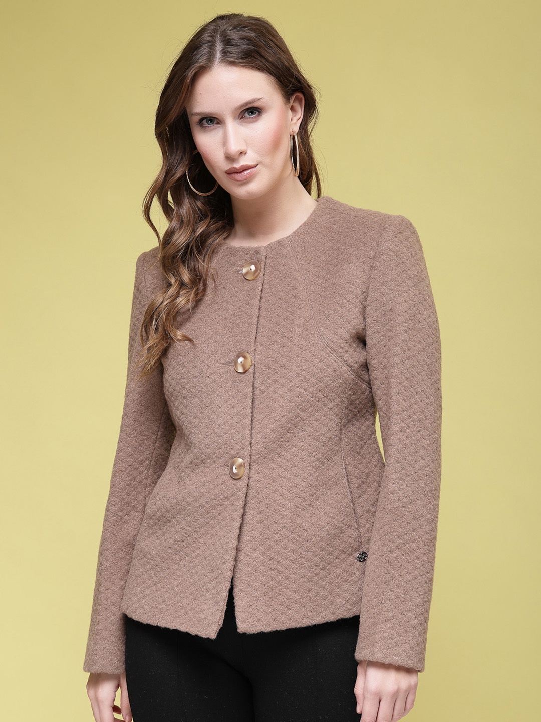 

Juelle Round Neck Single-Breasted Overcoat, Brown