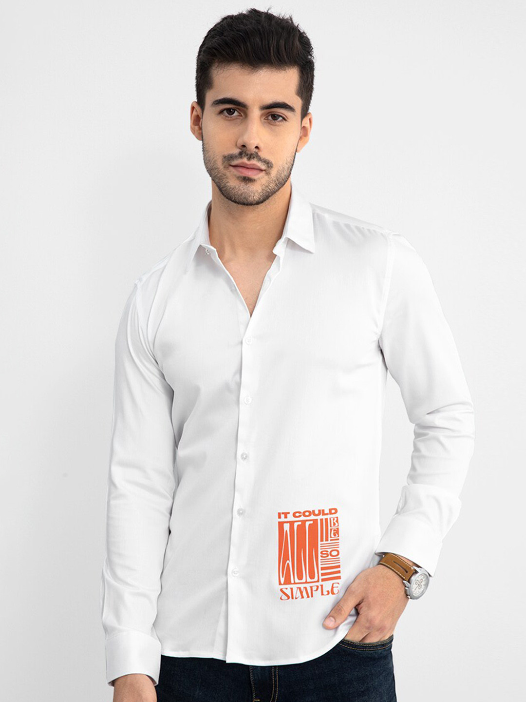 

Snitch Grey Slim Fit Typography Printed Cotton Casual Shirt, White