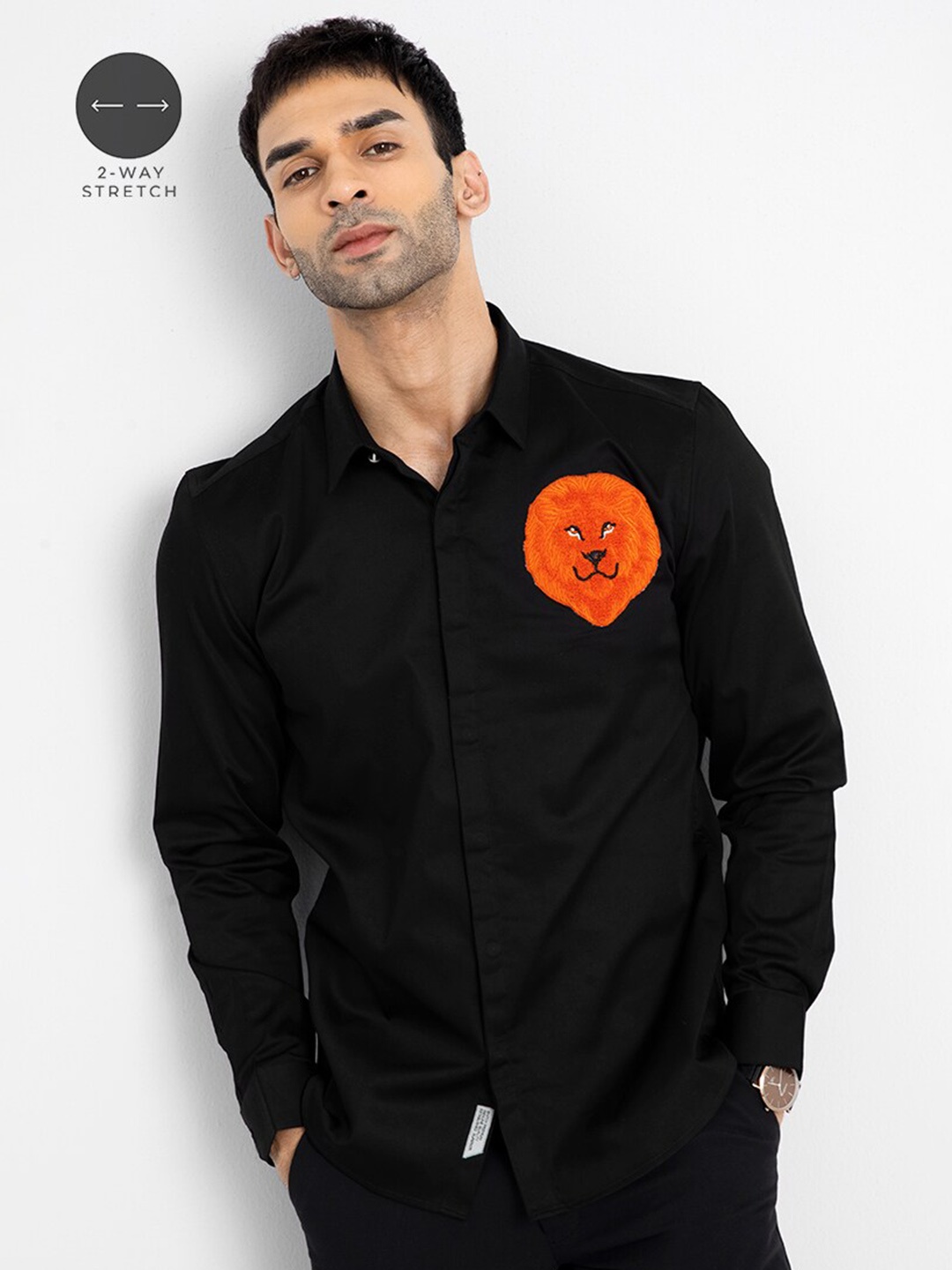 

Snitch Black And Orange Embroidered Cotton Shirt