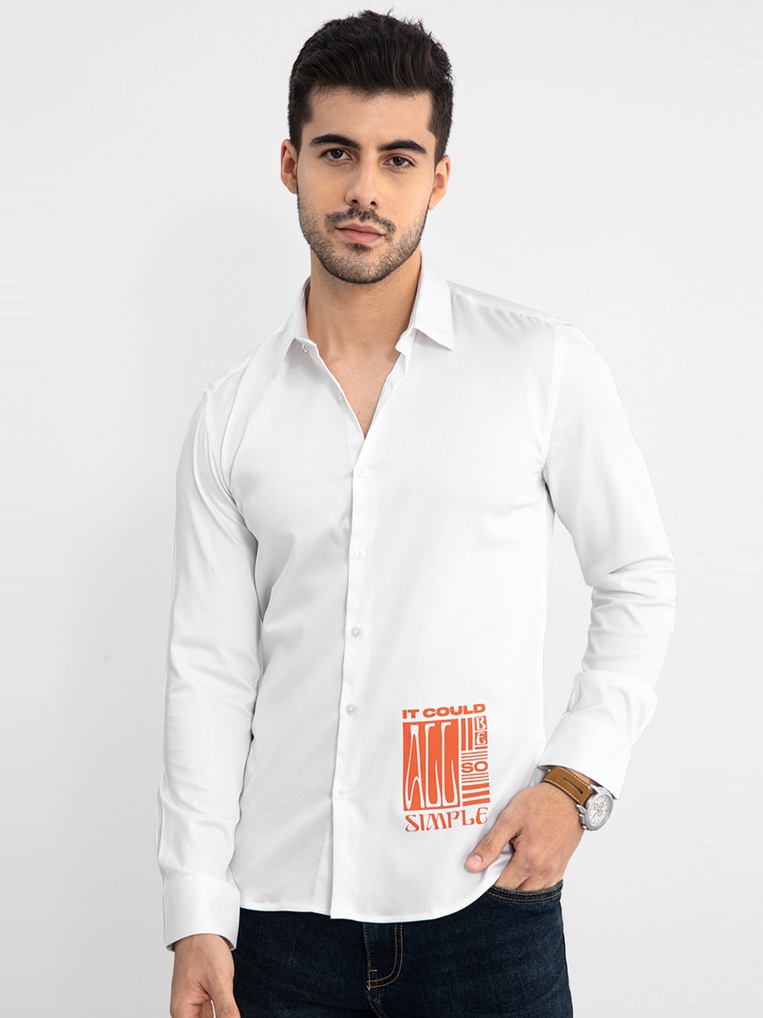 

Snitch White Slim Fit Typography Printed Cotton Casual Shirt