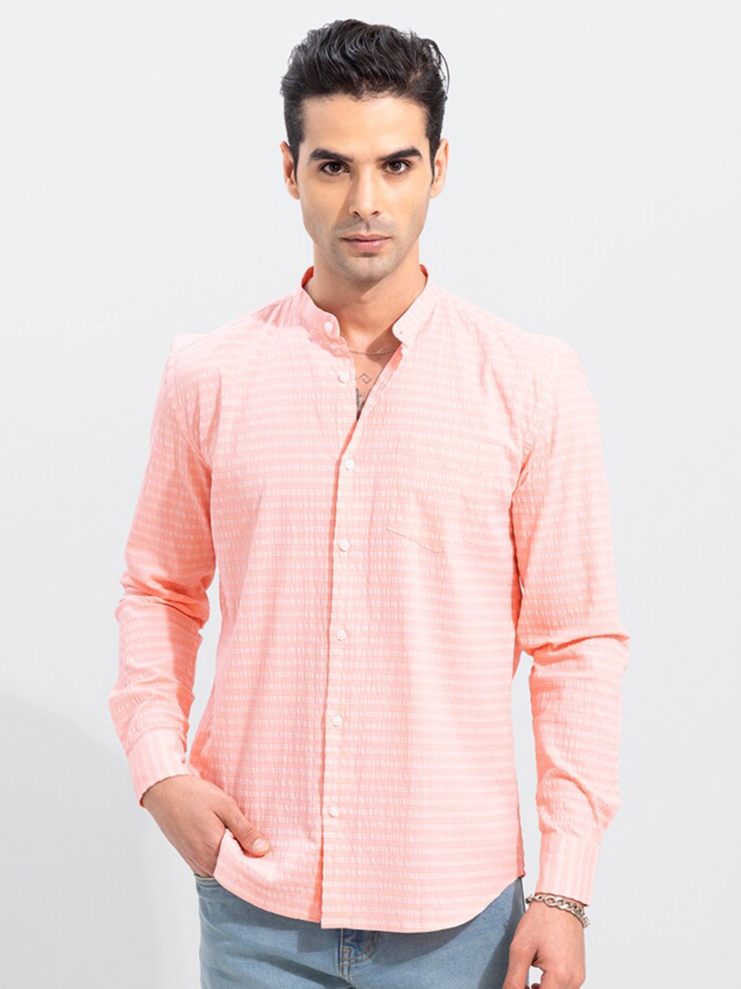 

Snitch Pink Band Collar Slim Fit Horizontal Striped Casual Shirt