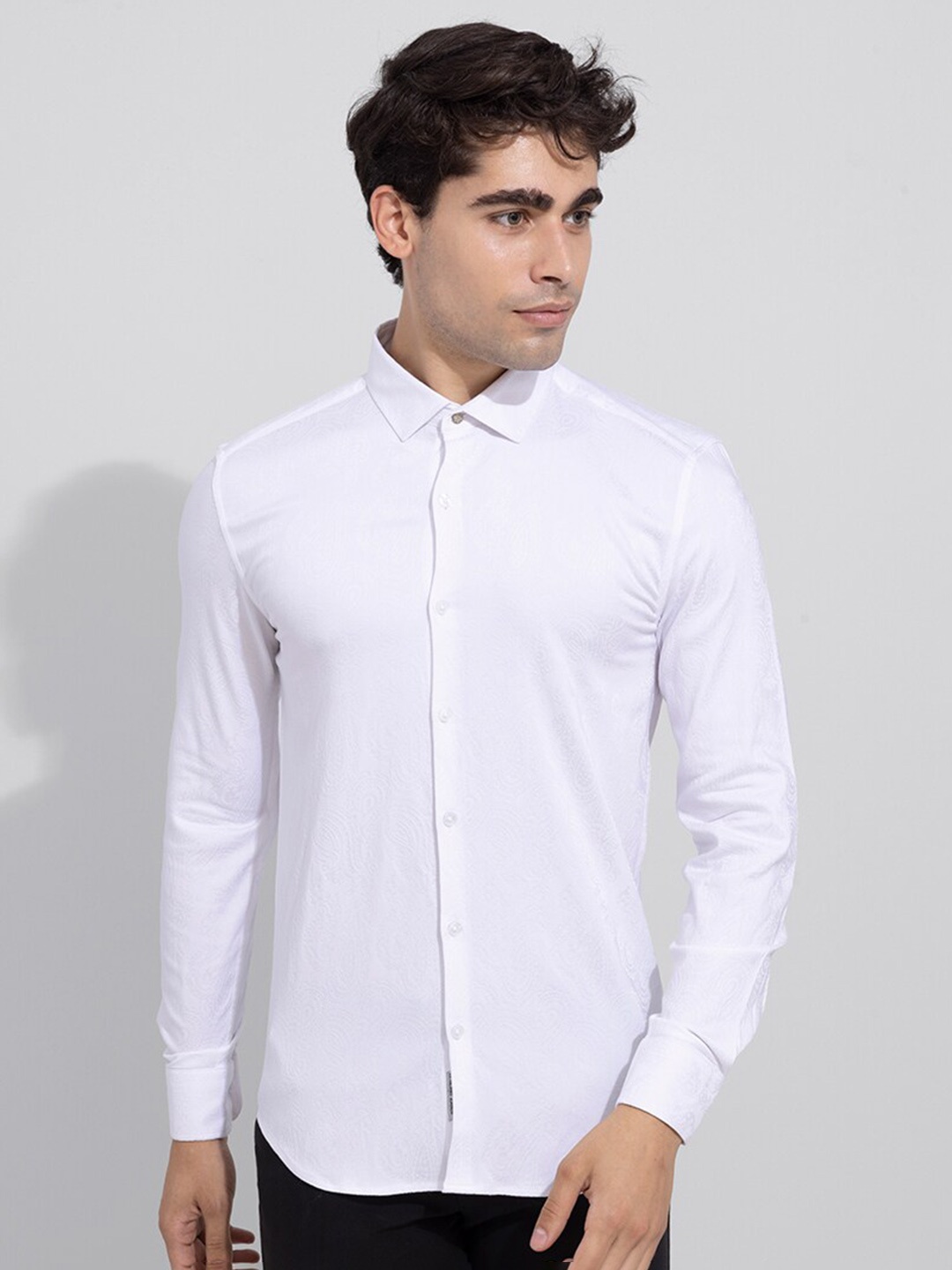 

Snitch White Spread Collar Slim Fit Ethnic Self Designed Casual Shirt