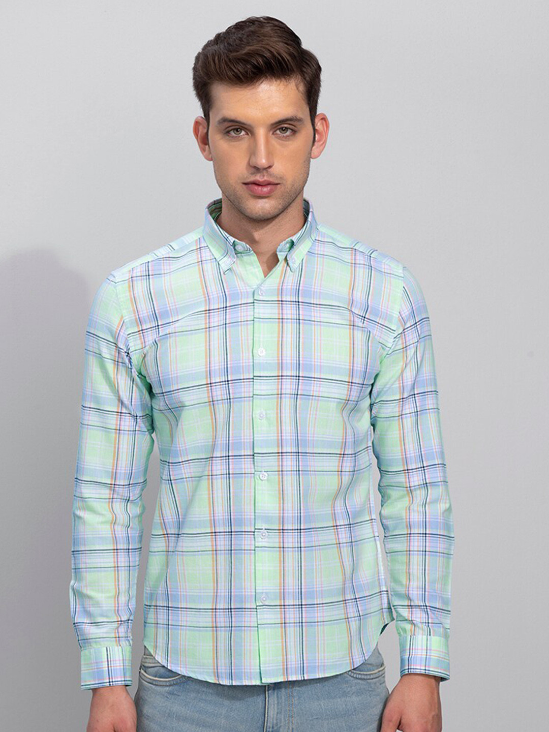 

Snitch Green And Blue Checked Cotton Shirt