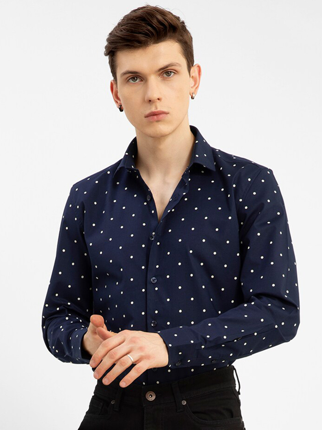 

Snitch Navy Blue And White Polka Dot Printed Cotton Shirt
