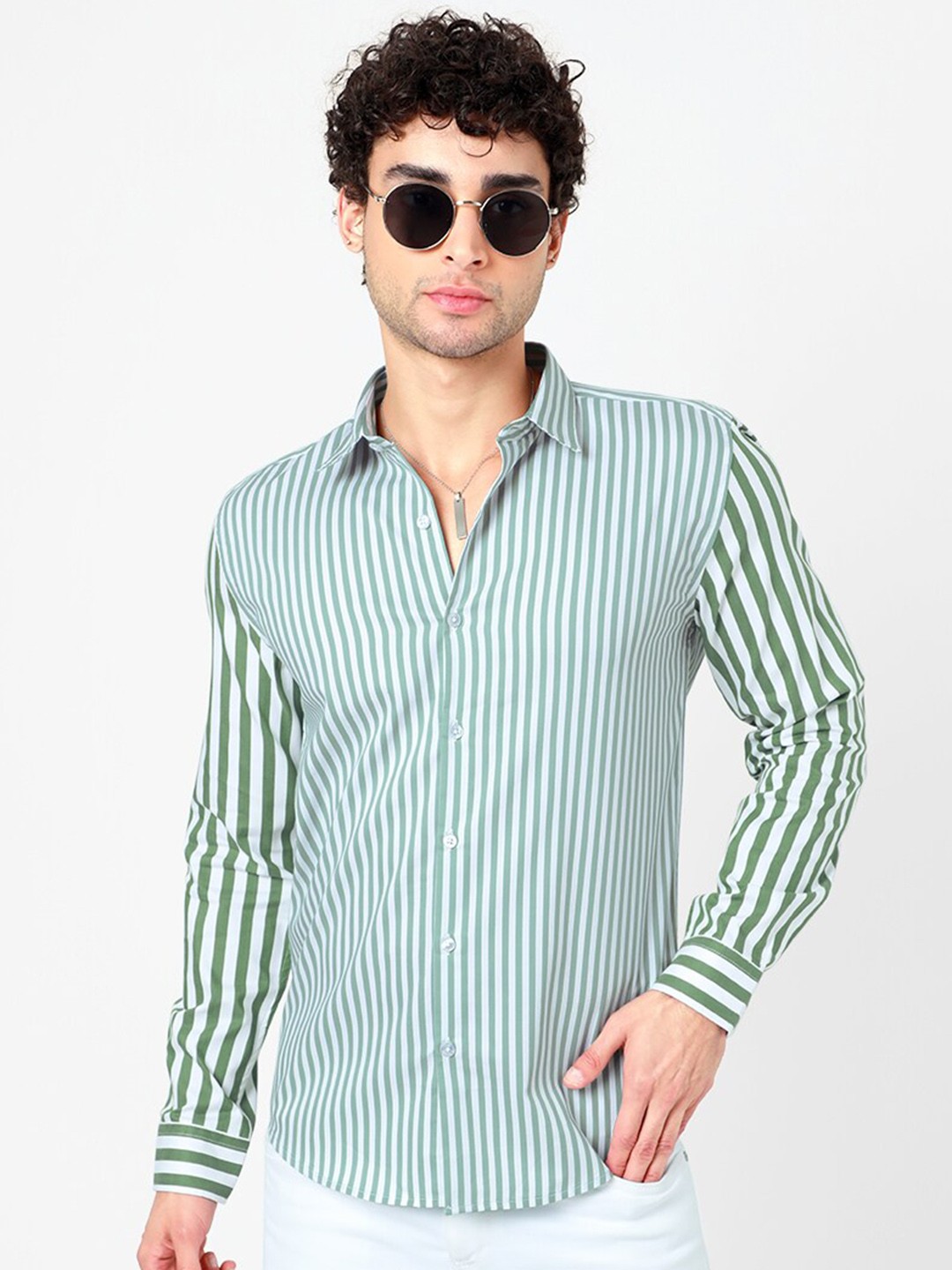 

Snitch Green Slim Fit Striped Cotton Casual Shirt