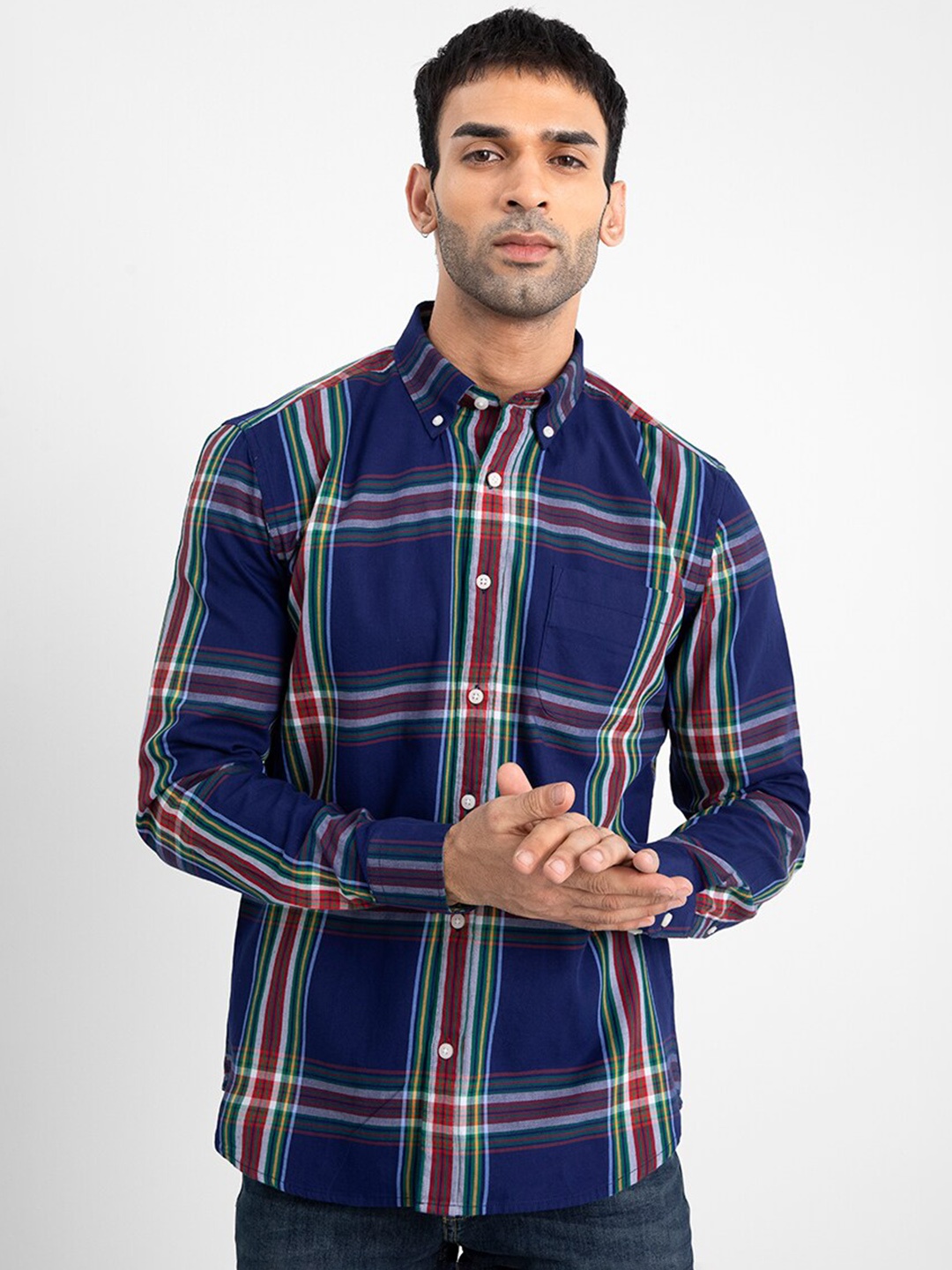 

Snitch Navy Blue Button-Down Collar Slim Fit Tartan Checked Casual Shirt