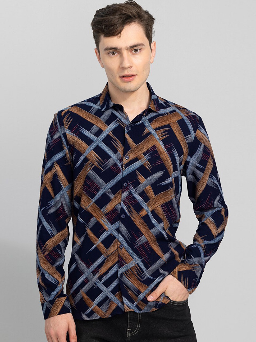 

Snitch Navy Blue Abstract Printed Casual Shirt