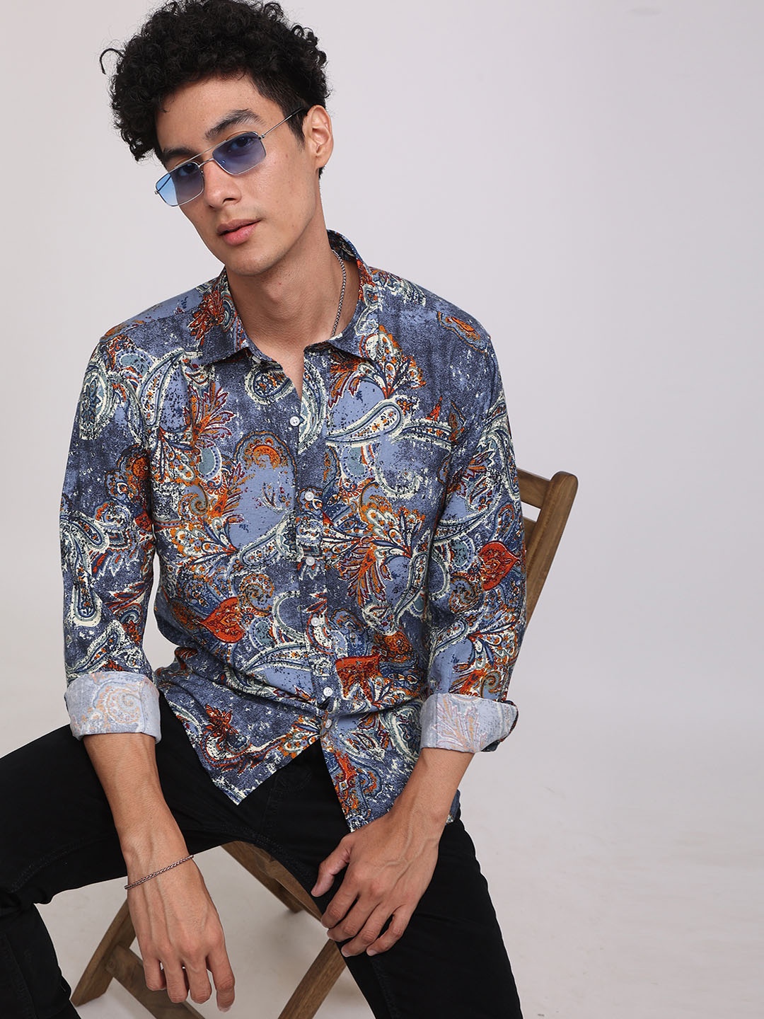 

Snitch Ethnic Motifs Printed Slim Fit Cotton Casual Shirt, Blue