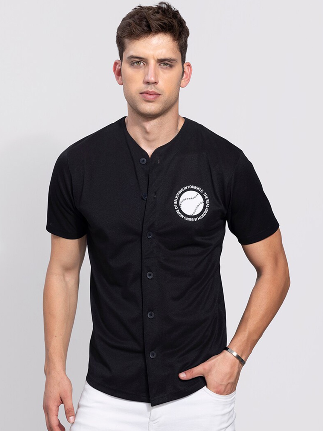 

Snitch Black Mandarin Collar Cotton Casual Shirt