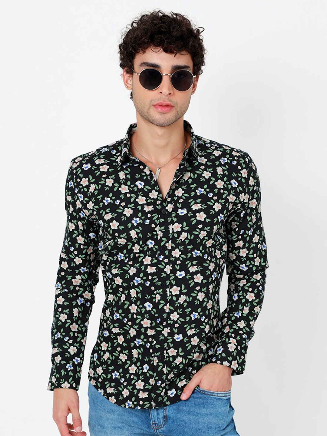 

Snitch Black & Green Floral Printed Cotton Shirt