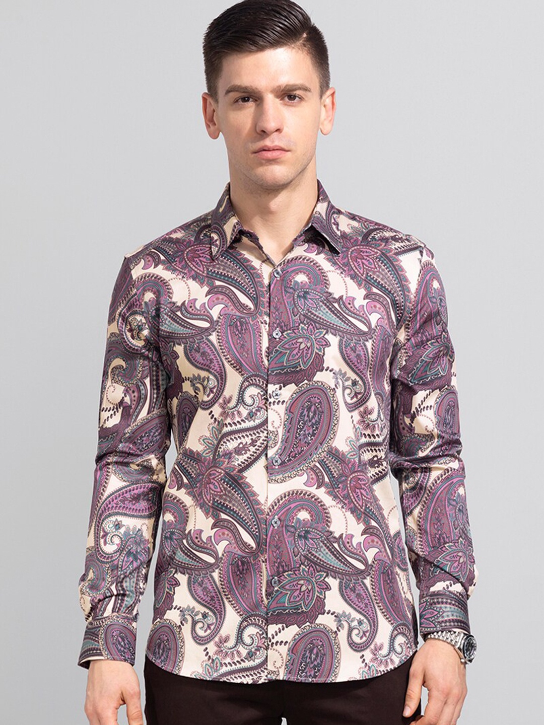 

Snitch Beige & Purple Floral Printed Cotton Casual Shirt