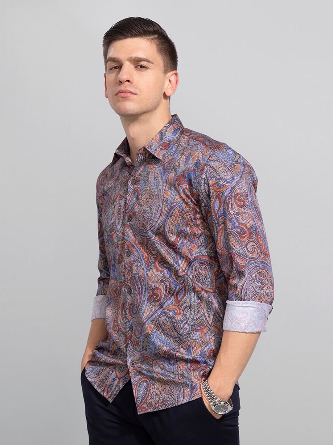 

Snitch Brown & Blue Slim Fit Ethnic Motifs Printed Cotton Shirt