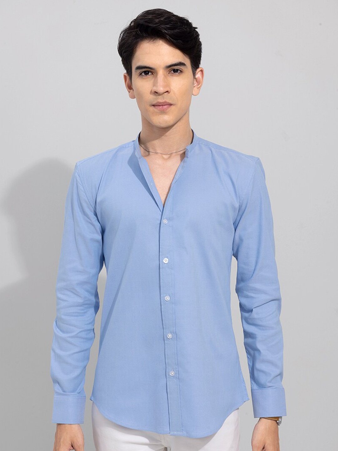 

Snitch Blue Band Collar Slim Fit Cotton Casual Shirt