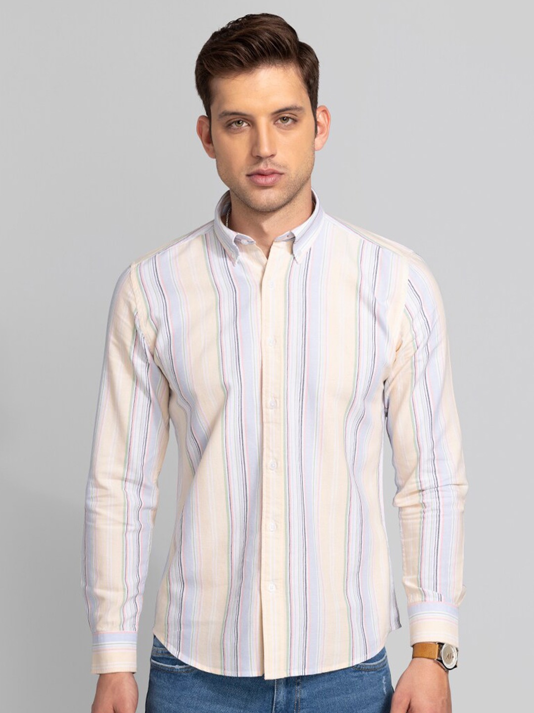 

Snitch Cream Multi Striped Slim Fit Cotton Casual Shirt